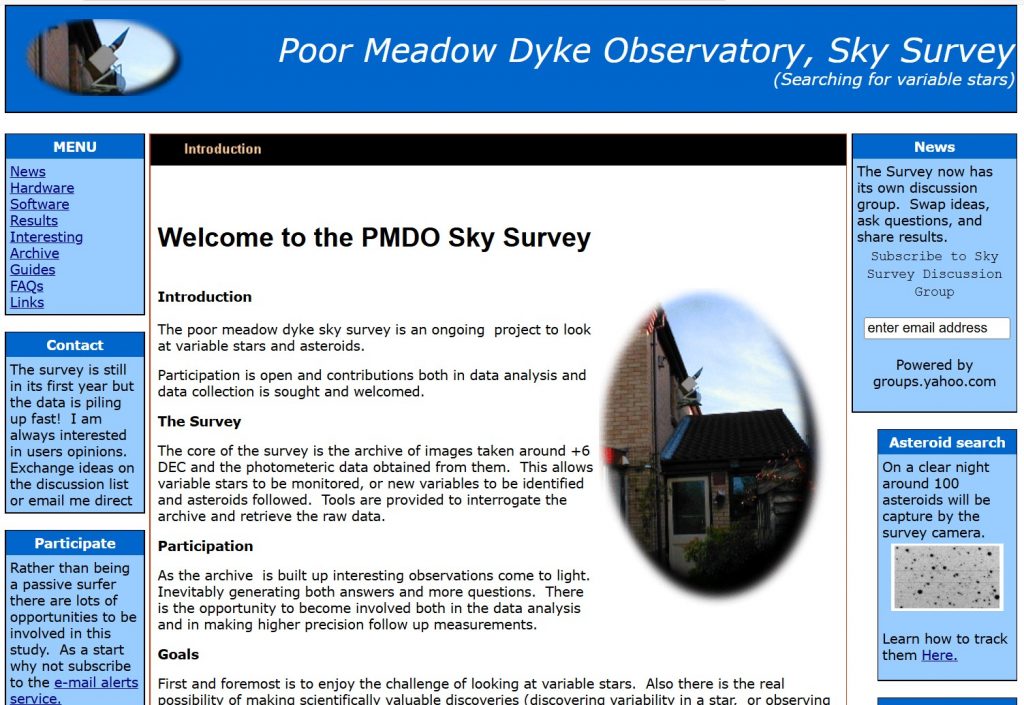 Screenshot of the 2002 astronomy project website
