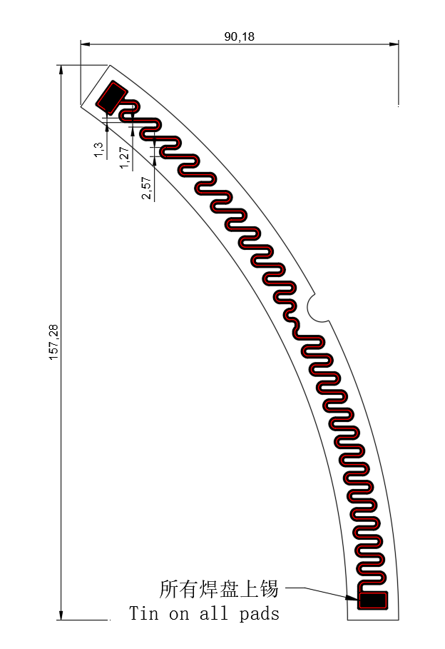 The final design of the heater part, solder pads positioned further back from the edge