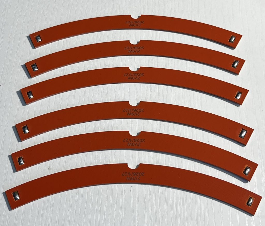 Six identical silicone heater arcs, each marked 2V 9W, with solder pads and a cut out